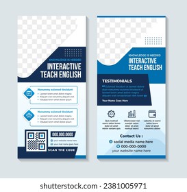 roll up Online education for business concept. Vertical banner template for interactie teach english. Vector modern illustration set with photo space. blue color gradient on element and background.