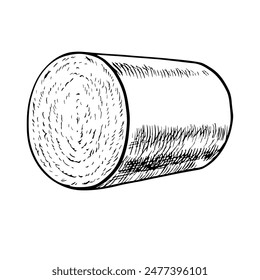 Eine Rolle Bio-Baumwollernte. Schwarz-Weiß, detailliert, grafisch, Vektorillustration in Form einer gerollten Baumwollrolle. Isolieren, handgezeichnet auf weißem Hintergrund