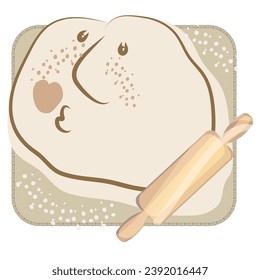 Roll out the dough. Knead the dough. A character from the test. Cook from flour and make dough. Knead with a rolling pin. Homemade food and cooking pies and pizza. Rolling pin, board, flour.