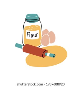 Roll out the dough with a rolling pin next to the flour can and eggs. Hand drawn vector illustration. Dotted vector illustration of kitchen element.