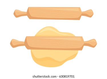 Roll out dough with rolling pin. Bakery process vector illustration. Kitchenware, cooking utensil isolated on white