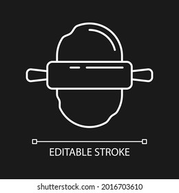 Roll out dough white linear icon for dark theme. Pizza recipe. Baking cookies. Making pastry. Thin line customizable illustration. Isolated vector contour symbol for night mode. Editable stroke
