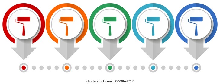 Roll painter, roller vector icon set, flat design infographic template, set pointer concept icons in 5 color options for webdesign and mobile applications