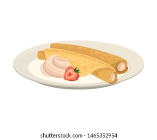 Roll of pancakes with sour cream. Vector illustration on white background.