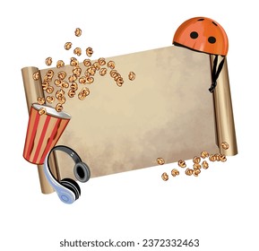 Roll of paper, helmet, popcorn, headphones. Template for inserting text. Vector illustration. Greeting cards, invitations, flyers, banners, posters.