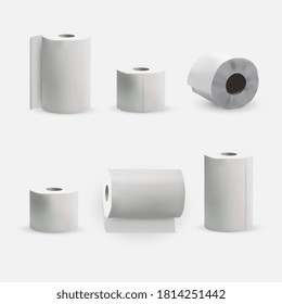 Roll paper mockup. Toilet and kitchen towel pack template illustration. Realistic napkin roll tube mockup vector isolated icon set on white background. Hygiene tissue package collection