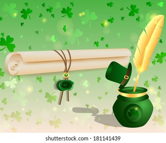roll paper printing ink of wax and golden pen mark St. Patrick beautiful background with shamrocks