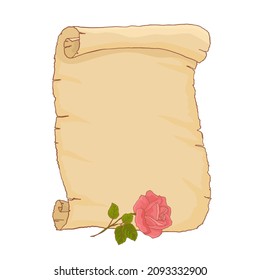 A roll of paper and a red rose flower, valentines day card