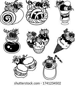 A roll and a pie and parfait and a cream puff and jam and cupcake and ice cream and juice of pumpkin