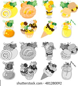 A roll and a pie and parfait and a cream puff and jam and cupcake and ice cream and juice of pumpkin