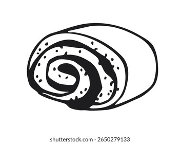 Roll with poppy seeds and spiral shape. Black and white hand-drawn bakery illustration. Dessert and pastry concept for design and print