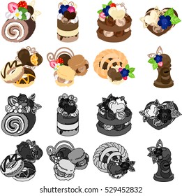 The roll and pudding and cake and donut and cream puff and pie and etc of chocolate