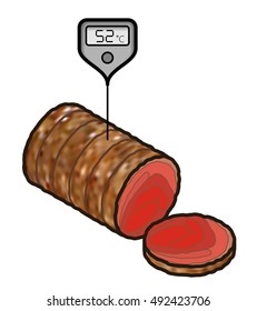 A roll of rare roast beef/lamb with a meat thermometer showing 52 C.
