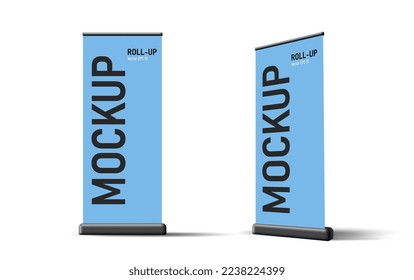 Roll up Realistic 3D vertical banner stand template design.