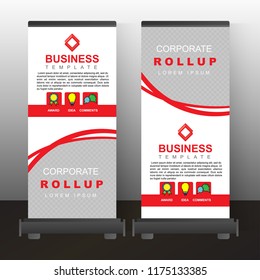 Roll up red banner commercial template design. Concept business creative graphic stand vector.