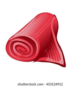 A roll of red fabric isolated on white background. Vector cartoon close-up illustration.