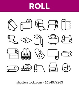 Roll And Reel Material Collection Icons Set Vector. Toilet Paper And Textile Roll, Towel And Carpet, Scroll Whatman And Document List Concept Linear Pictograms. Monochrome Contour Illustrations