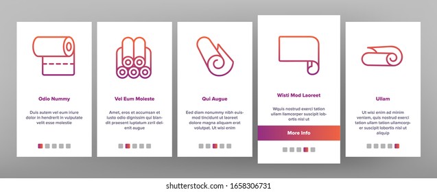 Roll And Reel Material Onboarding Icons Set Vector. Toilet Paper And Textile Roll, Towel And Carpet, Scroll Whatman And Document List Illustrations