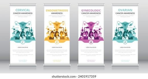 Roll up or retractable banner, standee or X-banner templates ideal for raising awareness of Women’s health issues such as cervical or ovarian cancers, endometriosis, or any other gynecologic cancers