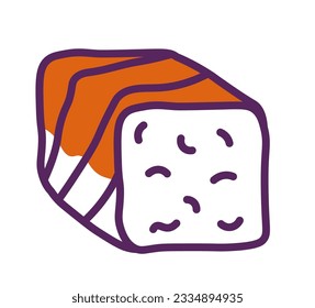 Roll with rice and salmon slice, isolated Japanese tasty recipes and food. Breakfast or dinner, lunch. Asian food and cuisine, types of sushi. Restaurant menu assortment. Vector in flat style