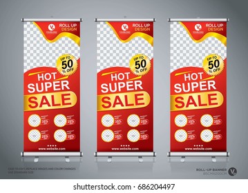 Roll up sale banner design template, abstract background, pull up design, modern x-banner, rectangle size.