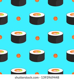 Roll with salmon and caviar. Seamless pattern. Traditional japanese food.