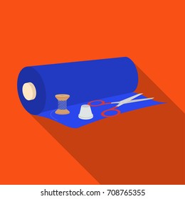 A roll of sewing fabric, scissors, a thimble and a thread coil. Sewing and equipment single icon in flat style vector symbol stock illustration web.