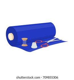A roll of sewing fabric, scissors, a thimble and a thread coil. Sewing and equipment single icon in cartoon style vector symbol stock illustration web.