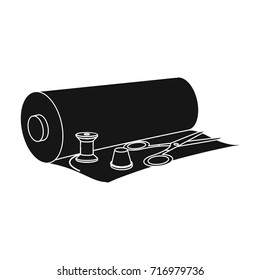 A roll of sewing fabric, scissors, a thimble and a thread coil. Sewing and equipment single icon in black style vector symbol stock illustration web.