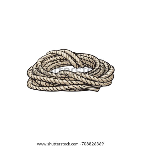 Roll of ship rope, side view cartoon vector illustration isolated on white background. Cartoon illustration of rolled up ship rope for anchoring, docking
