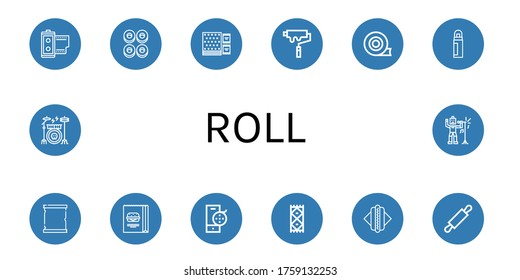 enrollar iconos simples conjunto. Contiene iconos tales como el rollo de película, Cracels, Napkin, rodillo de pintura, cinta de ducto, desodorante, pergamino de papel, Burger, carrete de película, se pueden usar para web, móvil y logotipo