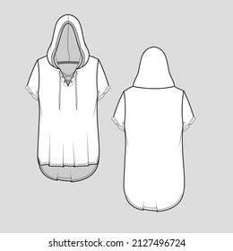 roll up sleeve criss cross lace tie up draw string Hoodie high low dip hem fashion flat sketch cad technical drawing template design vector