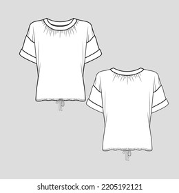 Roll Up Sleeve Knotted Hem Top Crew neck Gathering Drop Shoulder  gathering tunnel hem fashion  flat sketch drawing cad template