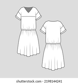 Roll Up Sleeve V Neck Dress Waist Gathering Ruffles Hem Drop Shoulder Fashion Dresses Design Cad Technical Drawing Template  flat sketch Vector