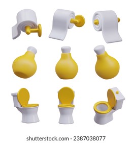 Roll of soft toilet paper, bowl with raised lid, yellow jar with liquid soap. Set on white background. Toilet hygiene concept. Vector realistic objects from different angles