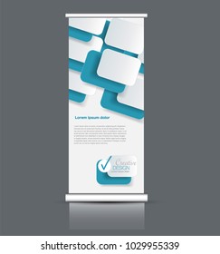 Roll up stand design. Vertical banner template. Vector illustration. Blue color.