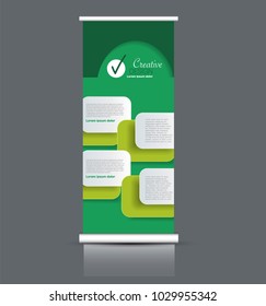 Roll up stand design. Vertical banner template. Vector illustration. Green color.