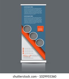 Roll Up Stand Design. Vertical Banner Template. Vector Illustration. Blue And Orange Color.