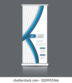 Roll up stand design. Vertical banner template. Vector illustration. Blue color.