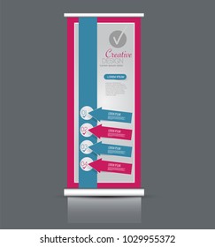 Roll up stand design. Vertical banner template. Vector illustration. Pink and blue color.