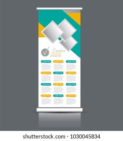 Roll up stand design. Vertical banner template. Vector illustration. Green and yellow color.