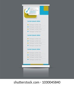 Roll up stand design. Vertical banner template. Vector illustration. Blue and green color.