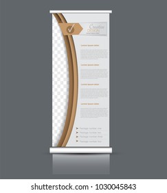 Roll up stand design. Vertical banner template. Vector illustration. Brown color.