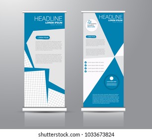 Roll up stand design. Vertical banner template for education, business, presentation, advertisement. Vector illustration. Blue color.