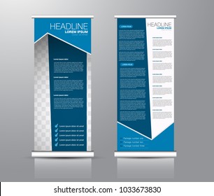 Roll up stand design. Vertical banner template for education, business, presentation, advertisement. Vector illustration. Blue color. Roll up stand design. Vertical banner template for education, business, presentation, advertisement. Vector illustration. Blue color.