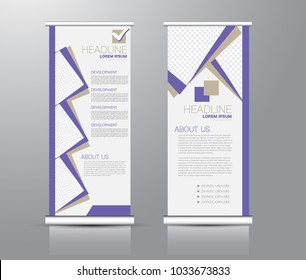 Roll up stand design. Vertical banner template for education, business, presentation, advertisement. Vector illustration. Purple color.