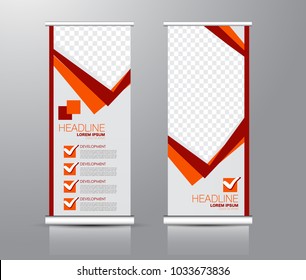 Roll up stand design. Vertical banner template for education, business, presentation, advertisement. Vector illustration. Orange and red color.