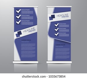 Roll up stand design. Vertical banner template for education, business, presentation, advertisement. Vector illustration. Purple color.