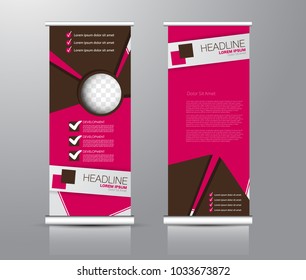 Roll up stand design. Vertical banner template for education, business, presentation, advertisement. Vector illustration. Pink and brown color.