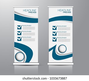 Roll up stand design. Vertical banner template for education, business, presentation, advertisement. Vector illustration. Blue color.